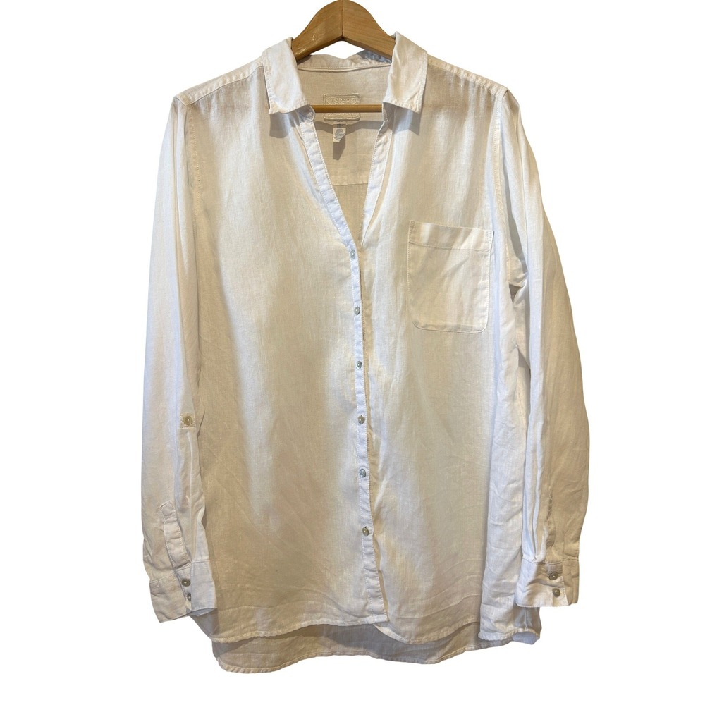 Sigrid Olsen Button Down Shirt Sz XL White 100% Linen Beach Coastal Resort Boho